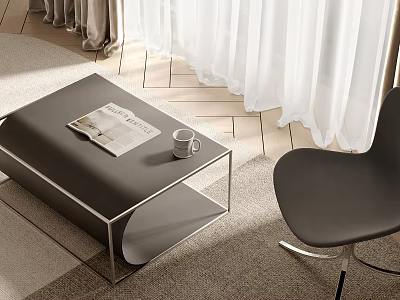 Modern Black Coffee Table With Newspaper Cup On Carpet Near White Curtains And Chair 3d model