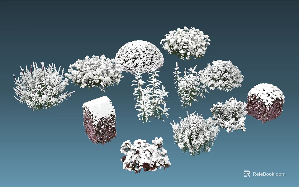 Snow Covered Bushes In Various Shapes And Sizes For Winter Landscape Design 3d model 