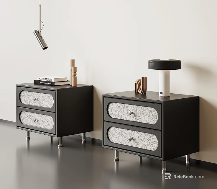Modern Elegant Dark Bedside Nightstands With Exquisite Patterned Drawers And Sleek Metal Legs For Bedroom 3d model 