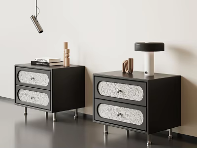 Modern Elegant Dark Bedside Nightstands With Exquisite Patterned Drawers And Sleek Metal Legs For Bedroom 3d model