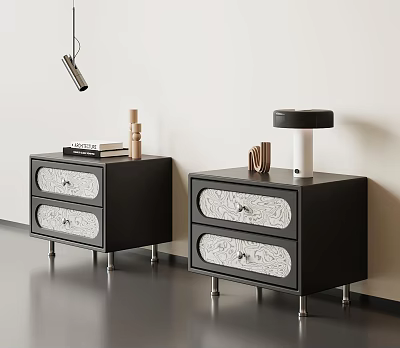 Modern Elegant Dark Bedside Nightstands With Exquisite Patterned Drawers And Sleek Metal Legs For Bedroom 3d model
