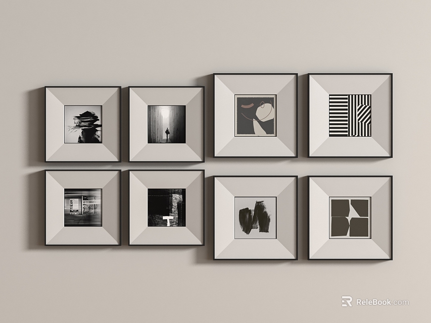 Black and White Square Framed Artworks on Light Colored Wall for Modern Home Decor 3d model 