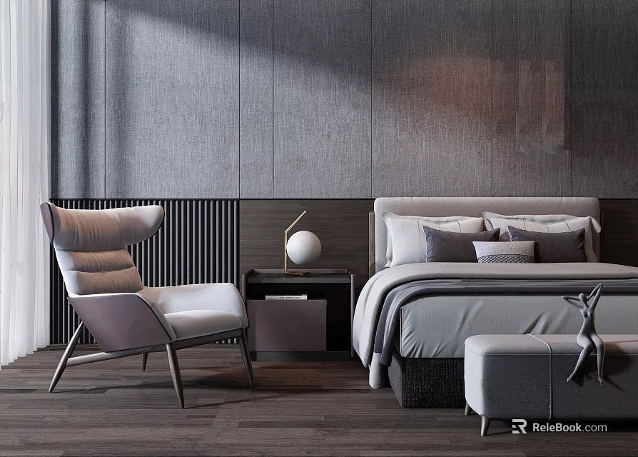 Modern Double Bed with Bedside Table Table Lamp Chair Ottoman Gray Wall and Decorative Pillows 3d model 