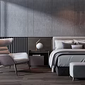 Modern Double Bed with Bedside Table Table Lamp Chair Ottoman Gray Wall and Decorative Pillows