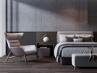 Modern Double Bed with Bedside Table Table Lamp Chair Ottoman Gray Wall and Decorative Pillows 3d model