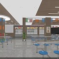 Spacious Cafeteria Interior With Long Tables Blue Stools And Wooden Ceiling 3d model
