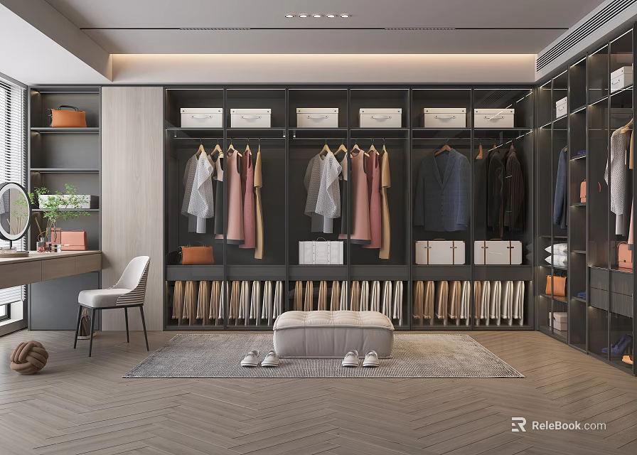 Luxury Walk in Closet Interior With Hanging Clothes Wooden Cabinets Shoe Storage Bench And Rug 3d model 