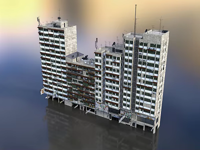 Modern High Rise Residential Buildings With Multiple Windows And Rooftop Antennas 3d model