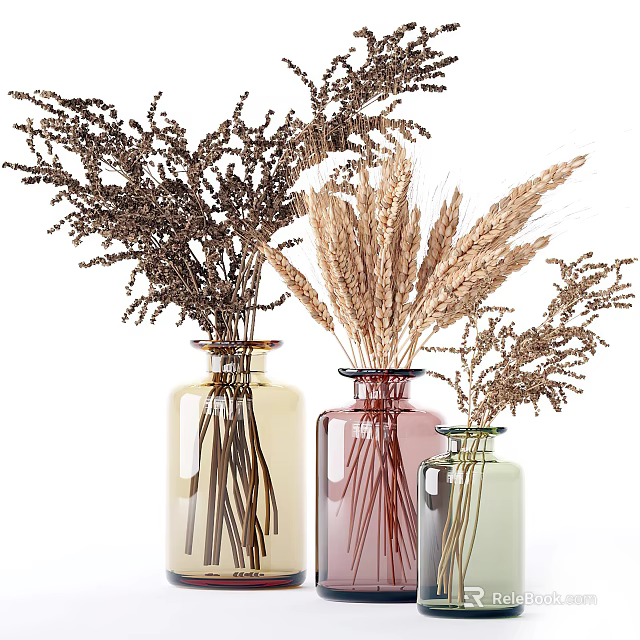 Pastel Colored Decorative Ornament Set with Glass Vases Dried Wheat Ears and Natural Plants 3d model 