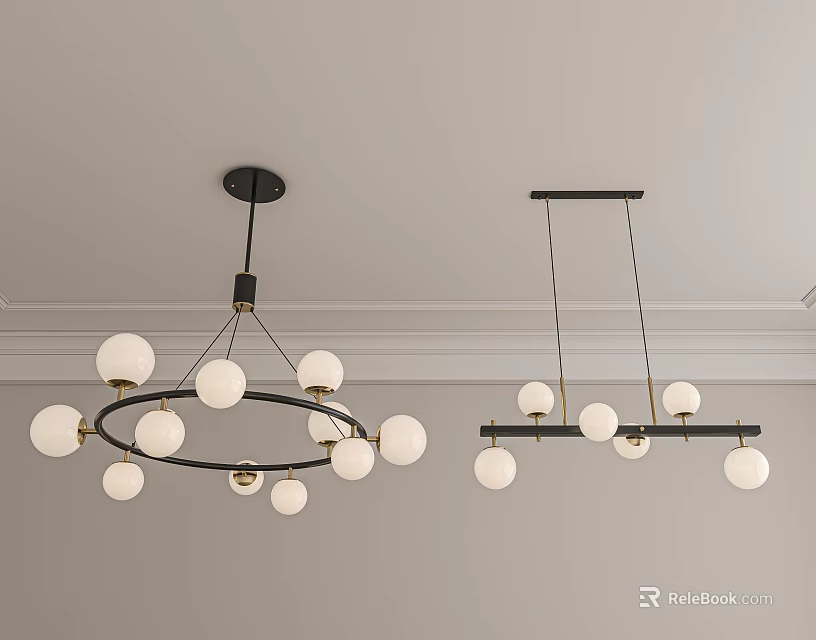 Modern Chandeliers With White Globe Lights Black Frame Circular Linear Design 3d model