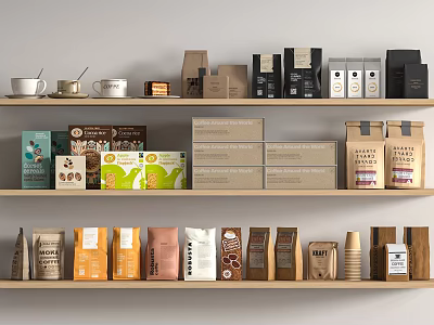 Assorted Food Products Display On Wooden Shelves 3d model