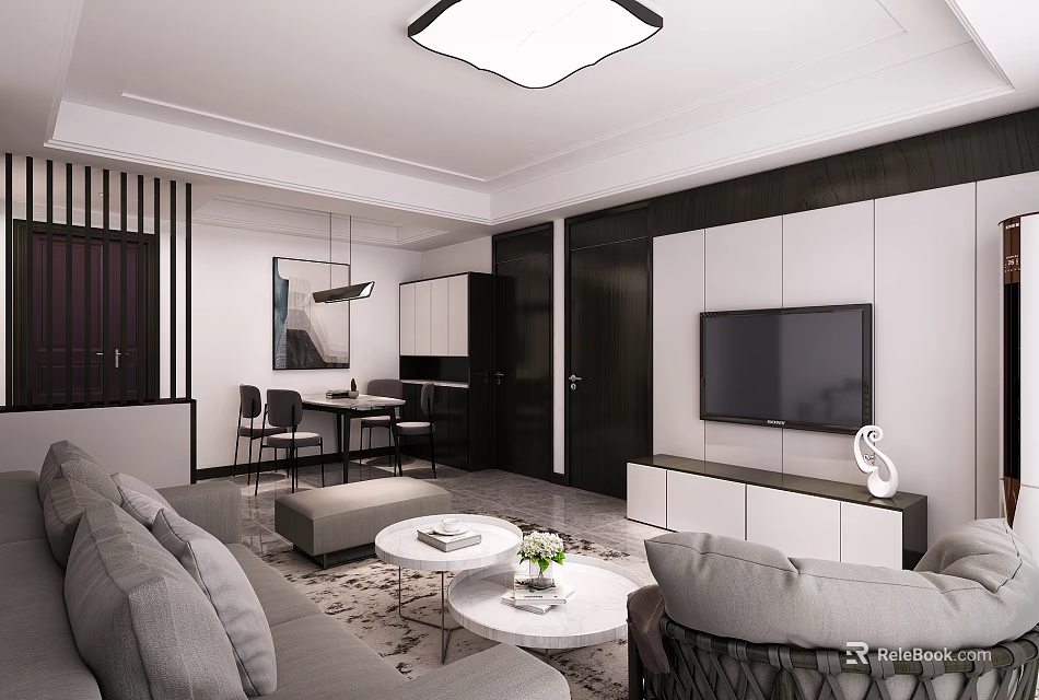 Modern Living and Dining Room Interior With Gray Sofa Coffee Tables TV And Dining Table 3d model 