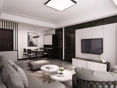 Modern Living and Dining Room Interior With Gray Sofa Coffee Tables TV And Dining Table 3d model
