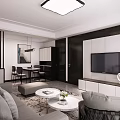 Modern Living and Dining Room Interior With Gray Sofa Coffee Tables TV And Dining Table