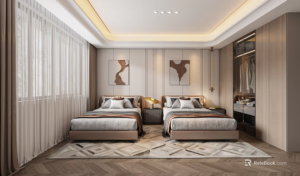 Modern Luxury Hotel Room With Twin Beds Decorative Artworks Curtains Wardrobe And Carpet 3d model 