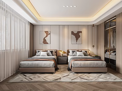 Modern Luxury Hotel Room With Twin Beds Decorative Artworks Curtains Wardrobe And Carpet 3d model