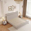 Light Gray Double Bed with Yellow Blanket White Pillows Table Lamps and Decorative Columns