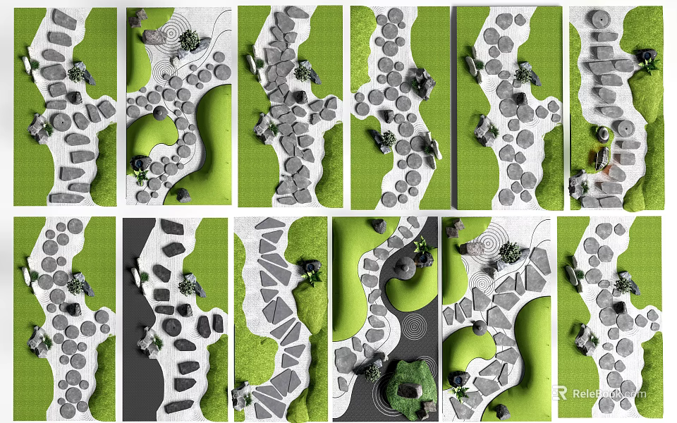 Stepping Stones Garden Path Design With Green Grass And Natural Stone Layouts 3d model 