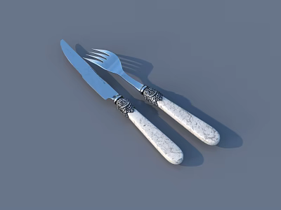 Stainless Steel Knife And Fork With White Patterned Handles On Gray Background 3d model