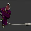 Cartoon Style 3D Fantasy Creature Character Featuring Large Ears Purple Hooded Cloak And Green Accessories