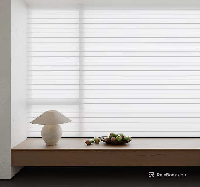 White Window Blinds On Wooden Sill Featuring Mushroom Shaped Lamp And Fruit Plate 3d model 