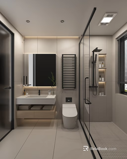 Modern Bathroom Interior With Sink Mirror Towel Rack And Smart Toilet 3d model 