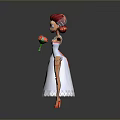 Animated Woman with Red Hair Wearing White Dress Gloves and Flower Bouquet on Gray Background