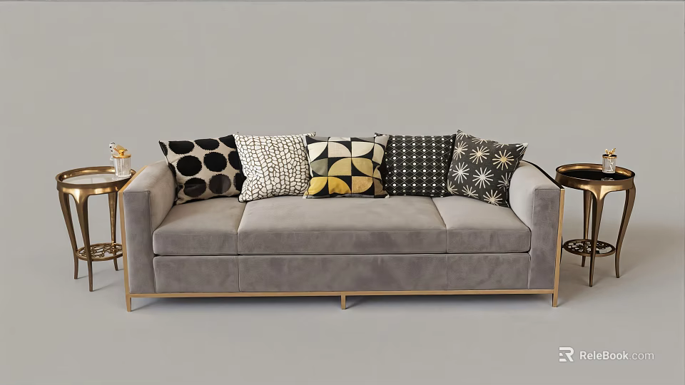 Modern Stylish Gray Two Seater Sofa With Patterned Cushions And Side Tables 3d model
