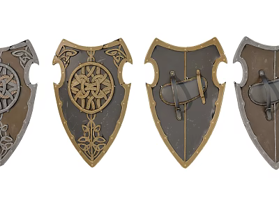 Intricate Medieval Shield Weapons With Ornate Metal Designs And Decorative Accents 3d model