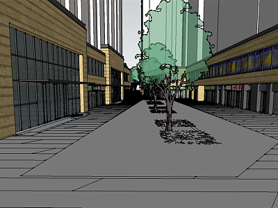 Vibrant Commercial Street With Modern Buildings Trees And Pedestrian Walkways 3d model