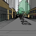 Vibrant Commercial Street With Modern Buildings Trees And Pedestrian Walkways