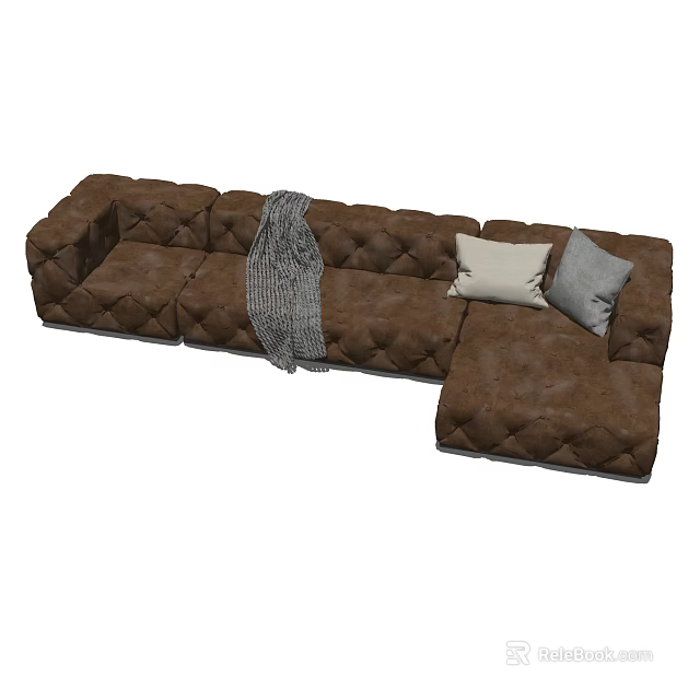 Brown Tufted Sectional Sofa With Gray Blanket And Beige Gray Pillows 3d model