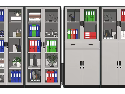 Modern Office Bookcase With Glass Doors Colorful Folders Books And Small Plants 3d model