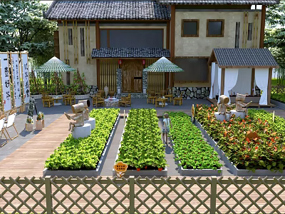 Traditional Garden Landscape With Wooden Deck Planting Beds Green Vegetables Flowers Umbrellas And Stone Lanterns 3d model
