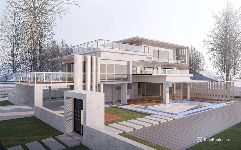 Modern Two Story Detached Villa Architecture With Large Windows Balcony Swimming Pool And Wooden Deck 3d model 
