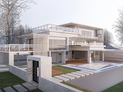Modern Two Story Detached Villa Architecture With Large Windows Balcony Swimming Pool And Wooden Deck 3d model