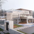 Modern Two Story Detached Villa Architecture With Large Windows Balcony Swimming Pool And Wooden Deck