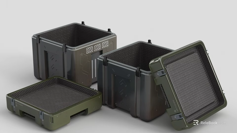 Plastic Storage Boxes with Mesh Design Military Green and Dark Gray Open Closed Lids 3d model 