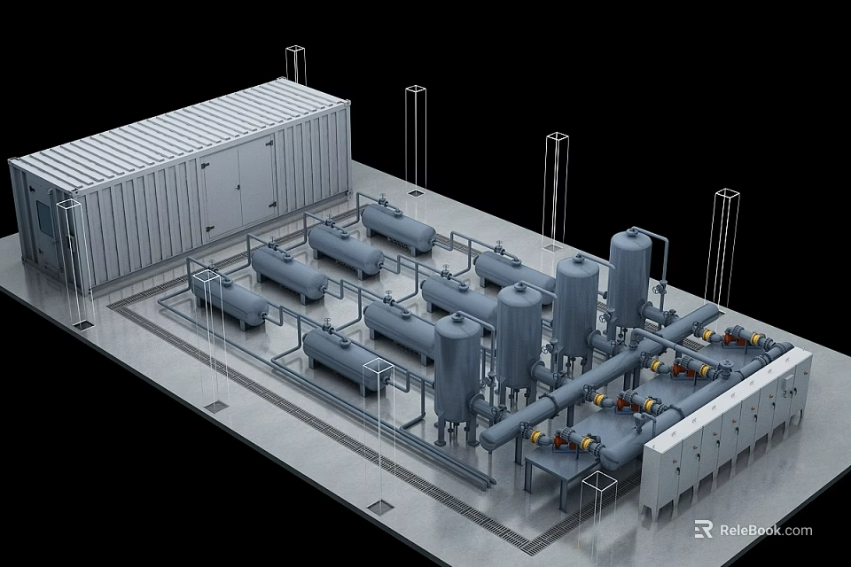 Industrial Equipment Layout with Pipes Storage Tanks and Processing Machinery 3d model 