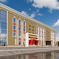 Multi Story Building With Beige Exterior Blue Glass Curtain Wall And Arched Windows