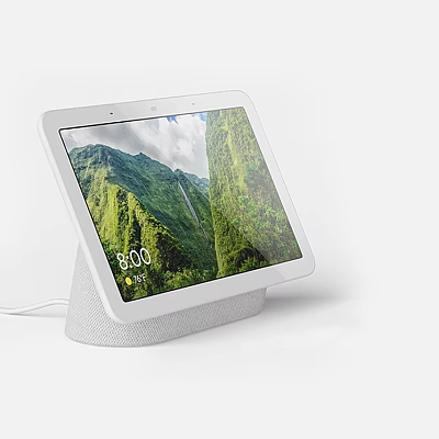 White Digital Smart Display Device With Screen Showing Mountain Landscape And Time 3d model