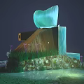 Cartoon Scene With Blue Icy Structure Scroll Top Round Window Purple Plants Green Glowing Light