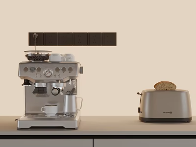 Stainless Steel Coffee Machine And Silver Toaster On Kitchen Countertop With Toast And Cup 3d model