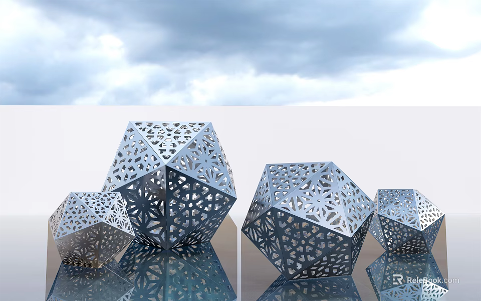 Modern Geometric Metal Sculptures With Intricate Laser-cut Patterns On Reflective Surface 3d model 
