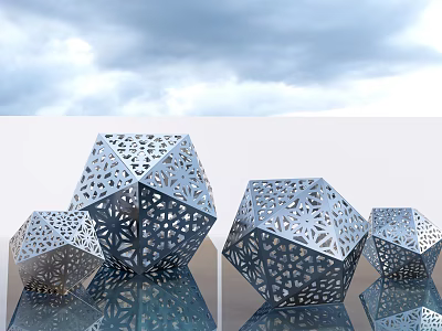 Modern Geometric Metal Sculptures With Intricate Laser-cut Patterns On Reflective Surface 3d model