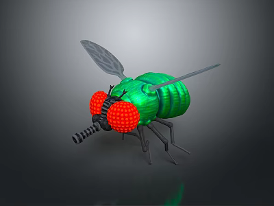 Detailed Green Fly With Red Eyes And Transparent Wings On Dark Background 3d model