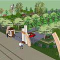 Residential Landscape Entrance With Gate Guard House Green Trees Red Vehicle And Blue Sky
