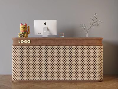 The reception desk at the front desk is a Chinese antique rattan cashier Apple computer lucky cat. 3d model