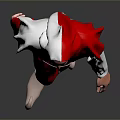Man in Red and White Hooded Costume with Belt Standing Against Gray Background