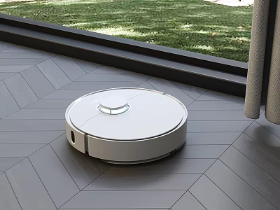 Smart Robot Vacuum Cleaner Cleaning Modern Wooden Floor Near Window With Grass View 3d model